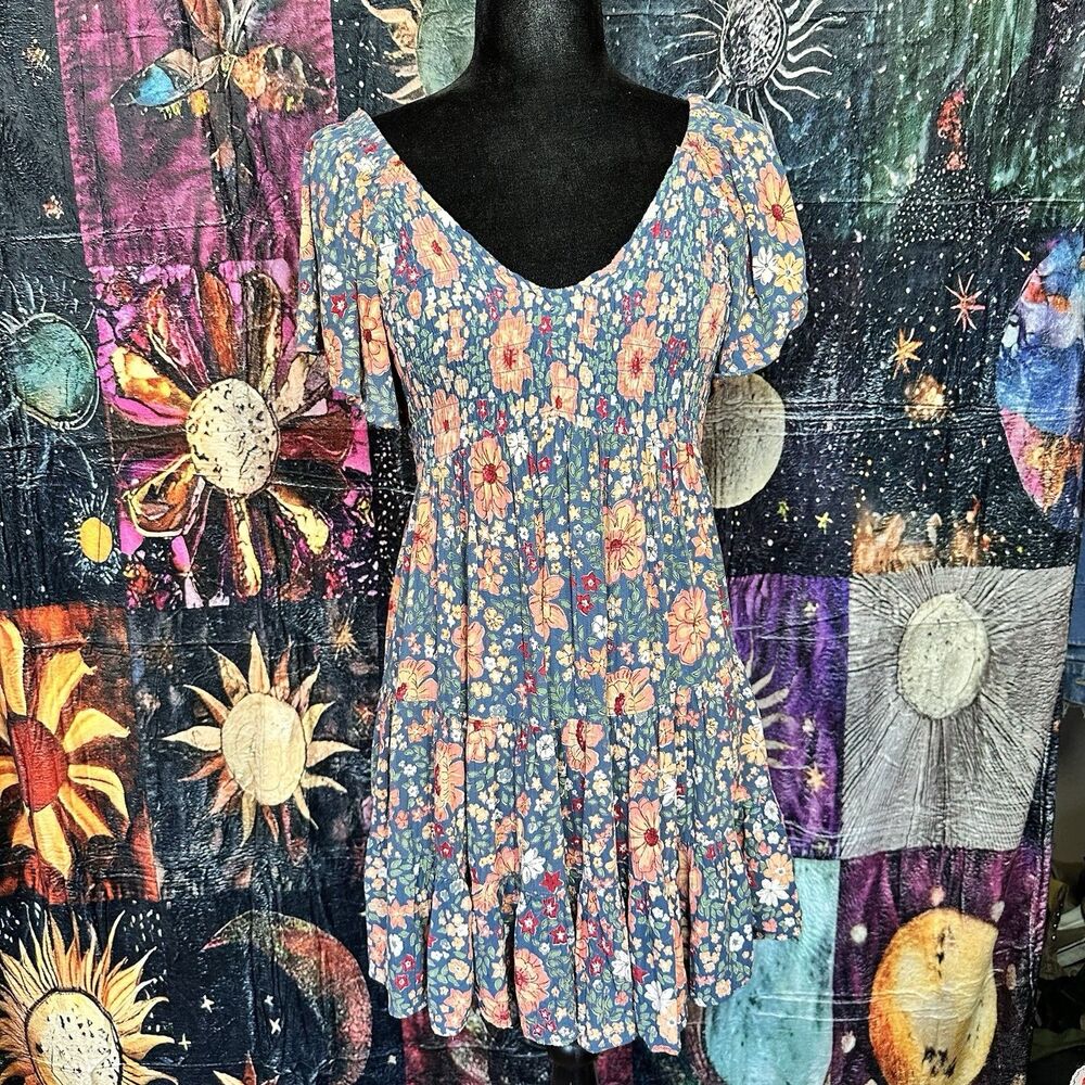 Y2K Angie Blue Floral V Neck Flutter Sleeve Mini Babydoll Dress. Small. Boho.
